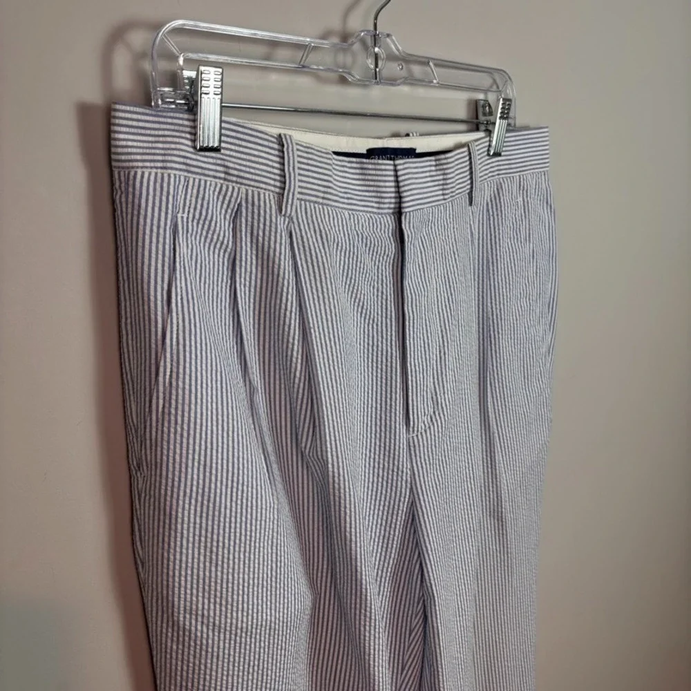 Grant Thomas Mens 100% Cotton Blue white seersucker Pleated pants sz 34 coastal